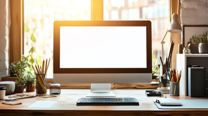 Fototapeta premium Graphic designer's workspace with a computer featuring a white screen and creative tools on the table.