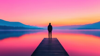 Fototapeta premium Person standing on a dock, looking out at a calm lake at sunrise, symbolizing a new beginning
