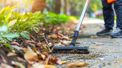 Urban worker in safety vest cleans sidewalk, promoting cleanliness in bright city environment