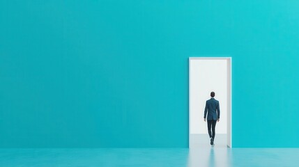 Obraz premium Person walking through an open door into a bright future, symbolizing new beginnings