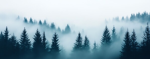 A serene forest landscape enveloped in mist, showcasing tall trees standing gracefully in a tranquil atmosphere.