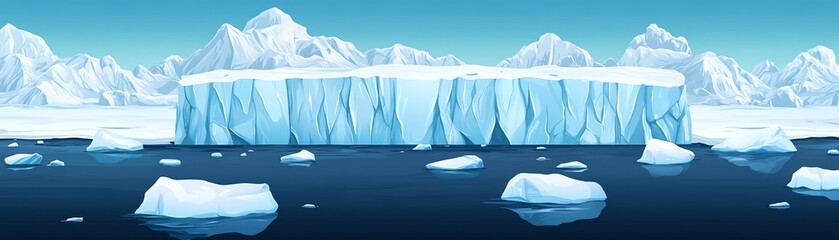 Massive iceberg in a frozen landscape, with smaller icebergs floating in the blue water.