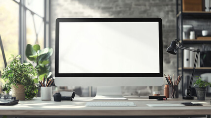 Fototapeta premium Graphic designer's workspace with a computer featuring a white screen and creative tools on the table.