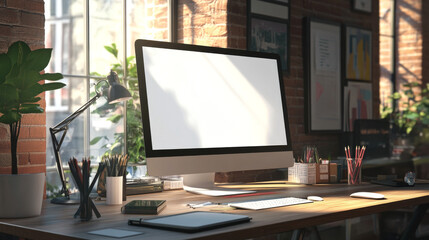 Graphic designer's workspace with a computer featuring a white screen and creative tools on the table.