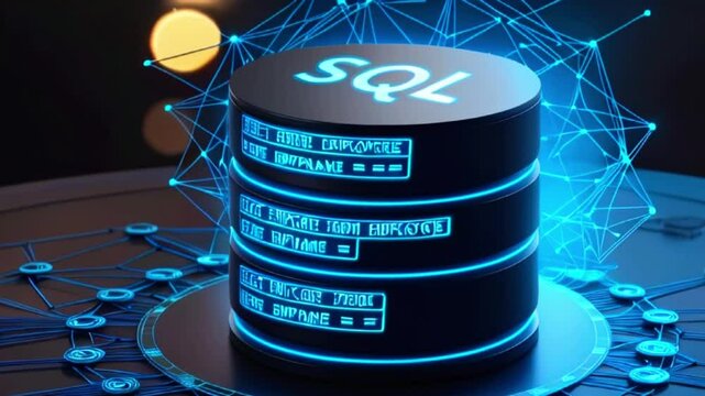 A 3D rendering of a database server with the word "SQL" on top and blue neon glowing lines.