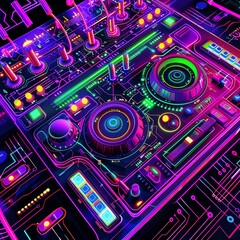 Fototapeta premium Abstract neon DJ mixer with vibrant, colorful lights, showcasing futuristic electronic music and nightlife vibe.