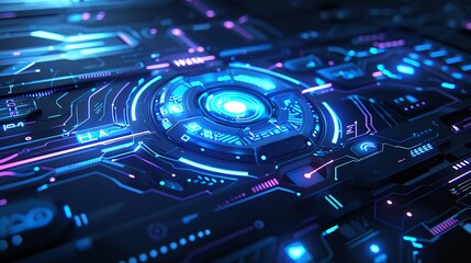 Fototapeta premium Futuristic digital interface with neon lights representing advanced technology and cyber innovation. Perfect for tech and sci-fi themes.