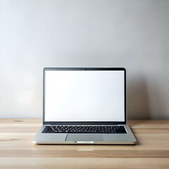 A sleek laptop sits open on a clean wooden desk. with a blank white screen ready for your message.