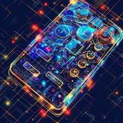 A vibrant and futuristic neon-colored digital circuit board illustrating technology innovation and modern electronics concept.