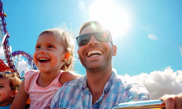 Family enjoying a day at an amusement park, riding thrilling rollercoasters, Video