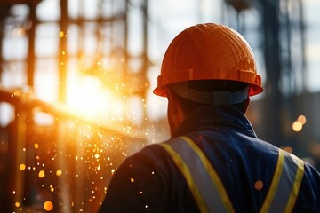 Construction worker in safety gear and orange hard hat standing at a construction site with bright sunlight in the background.