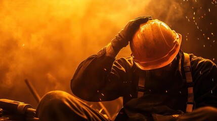 Fototapeta premium Construction worker in a hard hat resting amidst dramatic lighting and smoke, capturing the intensity and exhaustion of labor.