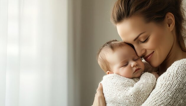 A mother s gentle embrace of her newborn, hospital room softly lit, capturing the nurturing bond and maternal care, newborn baby, nurturing, maternity