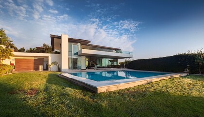 Fototapeta premium Chalet mansión de lujo blanca al lado de la montaña en un acantilado, con piscina y el cielo azul de fondo. Arquitectura moderna. rodeado de bosque y árboles