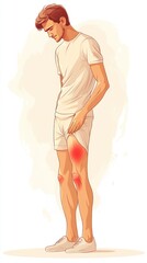 Fototapeta premium A man with a pained expression is holding his thigh, with red areas highlighting the pain.