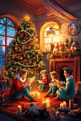 A cartoon of a family gathering around a fireplace on Christmas Eve