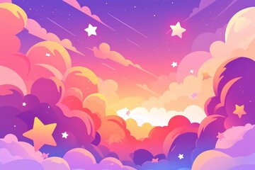 A vibrant sky filled with colorful clouds and twinkling stars at sunset, creating a dreamy and magical atmosphere.
