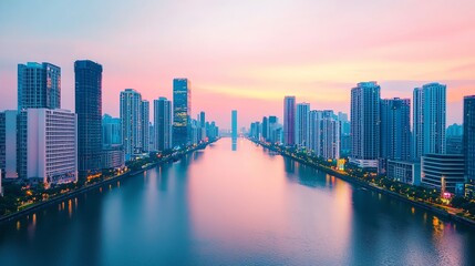Naklejka premium A stunning cityscape at sunset, featuring modern skyscrapers reflecting on a tranquil waterfront, creating a serene urban atmosphere.