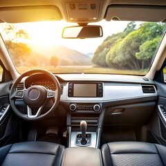 A clean. modern car interior with a beautiful sun drenched view ahead.