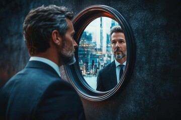 A business professional gazing into a mirror reflecting a thriving company, symbolizing the power of introspection in business improvement - obrazy, fototapety, plakaty