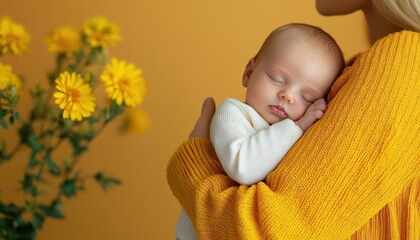 Newborn nestled in mother s arms, hospital setting with warm tones, conveying the nurturing nature of maternity, newborn baby, nurturing, maternity