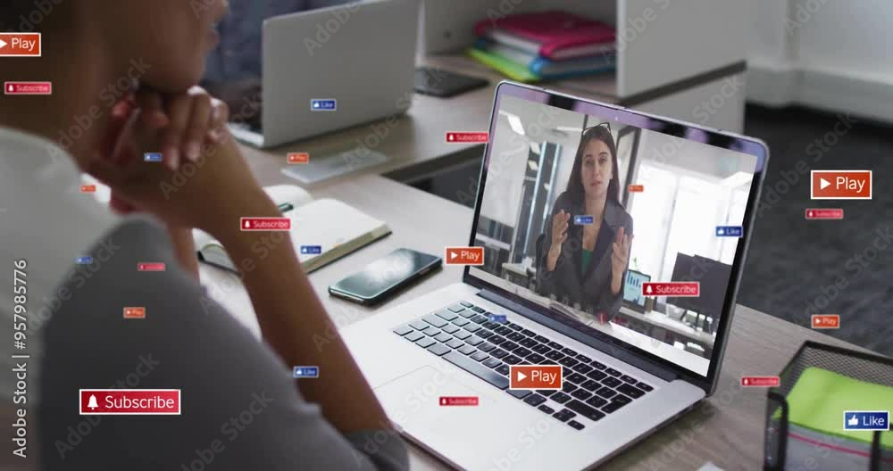 Poster watching video tutorial, person surrounded by play and subscribe buttons animation
