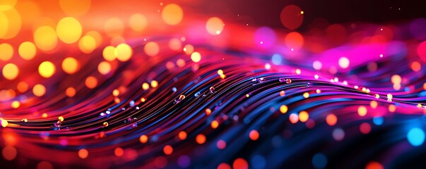 A vibrant abstract background featuring colorful bokeh lights and flowing curves, ideal for technology and art themes.