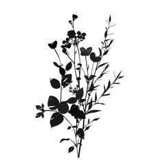 High contrast black and white silhouette of wildflowers and leaves, ideal for creative projects and design.