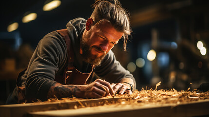 Carpenter working with equipment on wooden table in carpentry shop. woman works in a carpentry shop.