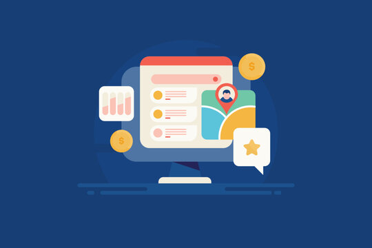 Serach engine on web browser display paid and organic content with map and business information, web traffic analytics and advertising campaign concept, vector illustration.