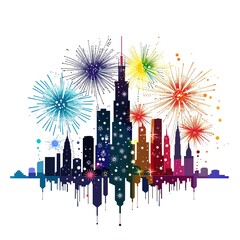 Naklejka premium Colorful city skyline with vibrant fireworks against a white background, representing celebration in an urban setting.