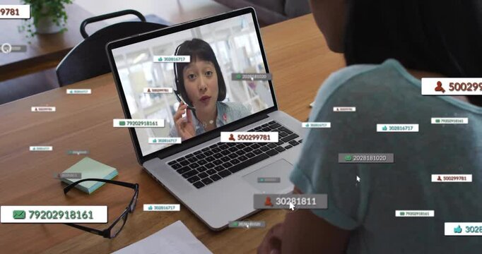 Video call with contact information and user IDs floating over animation
