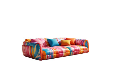 A modern vibrant, inflatable beach chair with bright stripes of pink, orange, and blue is positioned on a sandy beach. png transparent  beach sofa