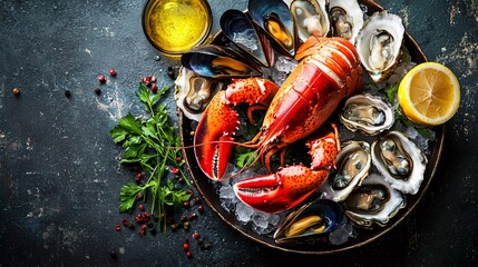 Fresh seafood platter with delicious lobster, mussels and oysters