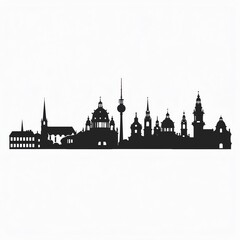Fototapeta premium Black and white detailed skyline silhouette of Dresden featuring prominent landmarks and iconic buildings against a clean background.
