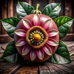 3D illustration of a vibrant naranjilla fruit with a stylized flower blossom.