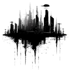 Obraz premium Abstract monochrome cityscape with futuristic elements and floating buildings, creating a mysterious and otherworldly atmosphere.