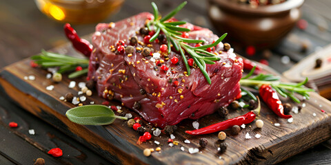 A succulent piece of beef on a wooden cutting board, garnished with fresh herbs and peppercorns.