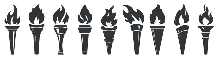 Torch icons set. Vector torches with flame and burning fire on white background, 