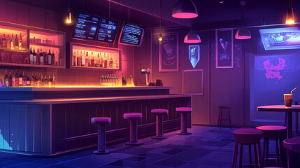 The interior of the modern pub is sleek and inviting, bathed in the warm, ambient glow of low lighting. Polished wooden floors and minimalist furnishings create a sophisticated atmosphere, while the b