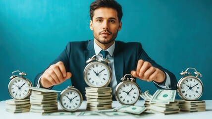 A businessman presenting a virtual display of clocks turning into stacks of cash, symbolizing effective time utilization for profit maximization