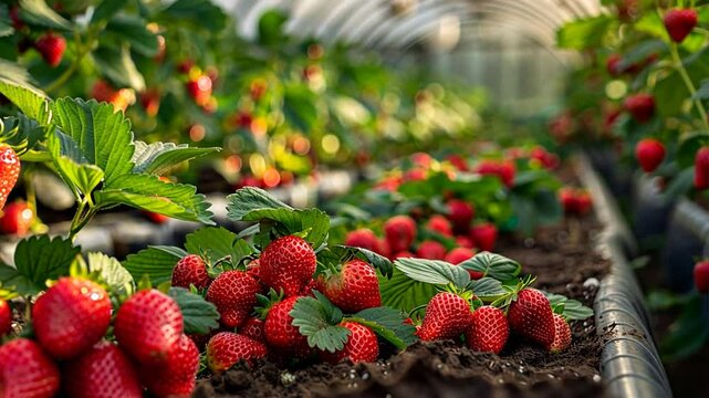 Strawberry Bounty: Rows of ripe, juicy strawberries flourish in a sun-drenched greenhouse, promising a delicious and abundant harvest. 