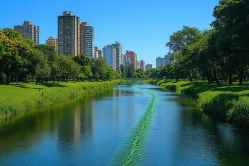 A clean river flowing through a city, with green energy currents visible, purifying the environment, symbolizing natural energy sources