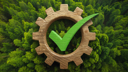 Eco-friendly concept with a wooden gear and check mark symbolizing environmental compliance and sustainability amidst lush green forest.