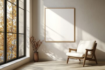 Poster Frame in Beige minimalist living room interior created with generative AI