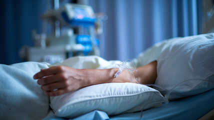 Patient in hospital bed receiving IV treatment, closeup of arm with intravenous line, healthcare and recovery concept.