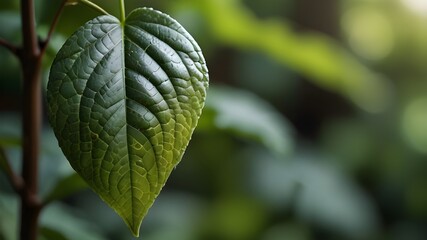 Garden closeup with a green leaf and blurred green background Copy space image for a natural green wallpaper concept