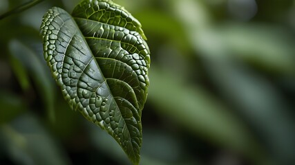 Garden closeup with a green leaf and blurred green background Copy space image for a natural green wallpaper concept