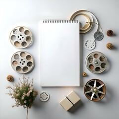 Fototapeta premium A minimalist flat lay featuring a blank notepad surrounded by film reels. wooden elements. and delicate floral accents.
