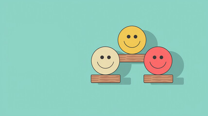 Three colorful smiley faces arranged on wooden blocks against a light blue background, representing happiness and positivity.